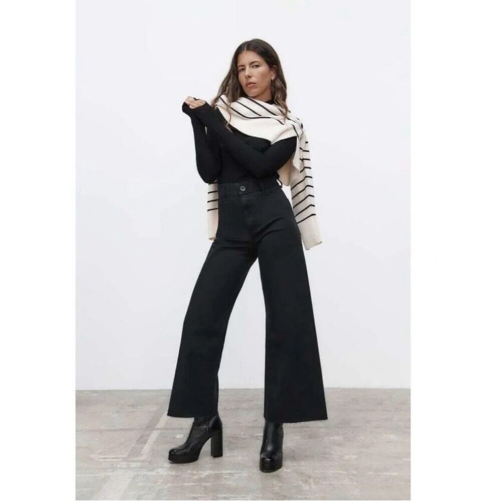 Zara The Marine High Rise Washed Black Wide Leg Full Length Jeans Size 8 - Picture 10 of 10
